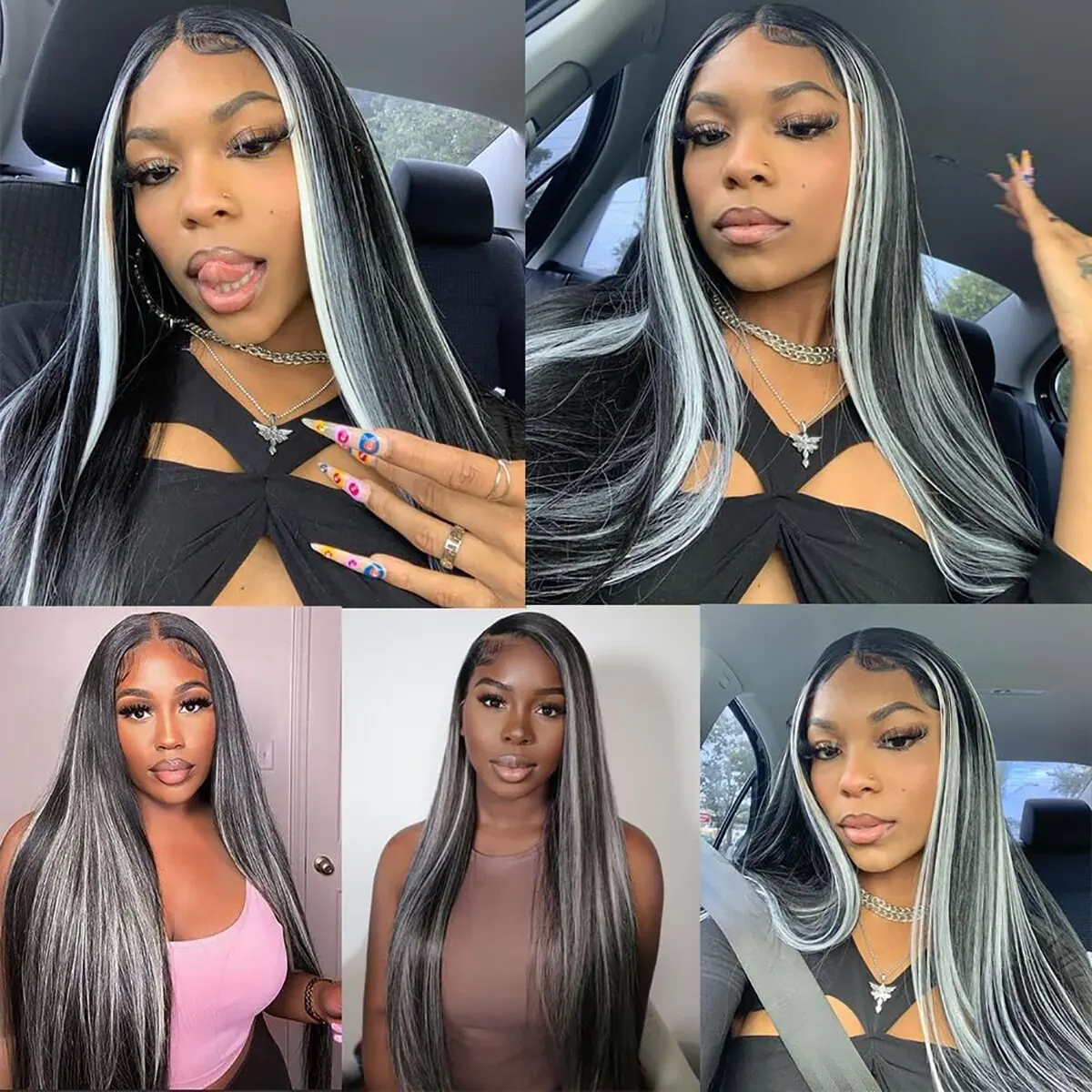 Highlights White Black Lace Front Wig Glueless Long Straight Synthetic Wigs Pre Plucked with Baby Hair Heat Resistant Fiber