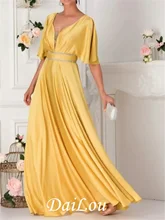 

A-Line Elegant Formal Evening Birthday Dress Plunging Neck Half Sleeve Floor Length Satin with Crystals 2022