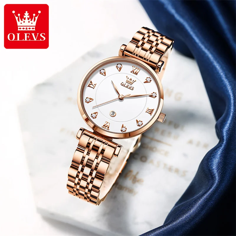 OLEVS Luxury Diamond Quartz Watch for Women Rose Gold Stainless Steel Strap Waterproof Fashion Women's Watches Relogio Feminino
