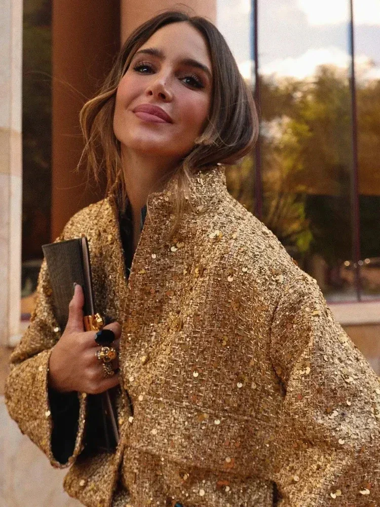 Suninheart Women's Sequined Bomber Jacket Fall O Neck Long Sleeve Pocket Stretch Hem Sequins Jacket Coat Female Chic Outerwear 4