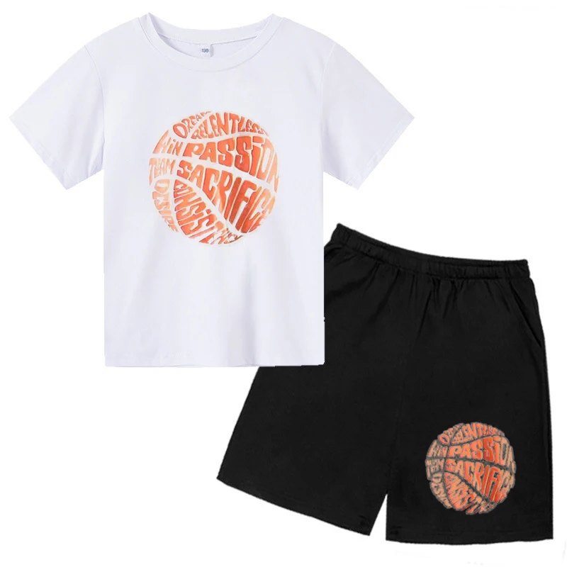 2024 New Fashion Printed Basketball Pattern Summer Children Comfortable Breathable Casual T-Shirt Shorts Two-piece Set