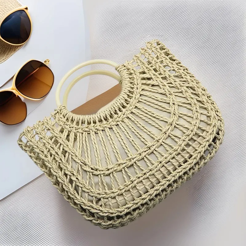 Handwoven Straw Rattan Half-Moon Beach Handbag Large Capacity Women Hollow Out Crossbody Shoulder Bag Half-Round Shoulder Bag