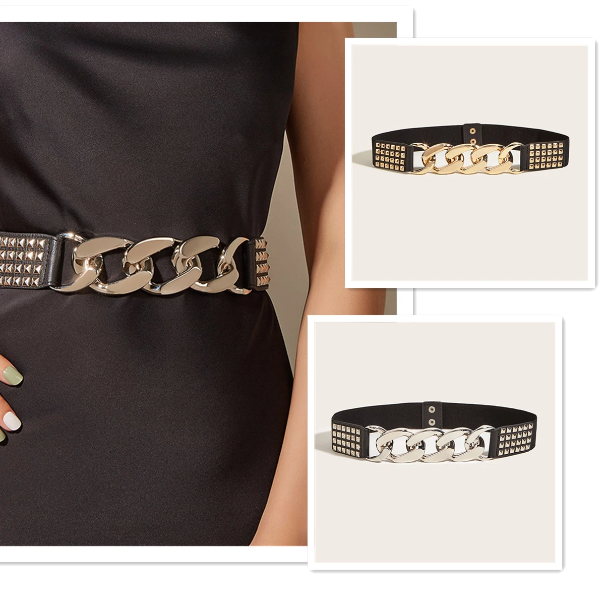 Chain elasticity Women's Belts For Ladies Studs Punk Rock Waist Accessories Decorative Dress Skirt Waistbands Gold Silver Bukle