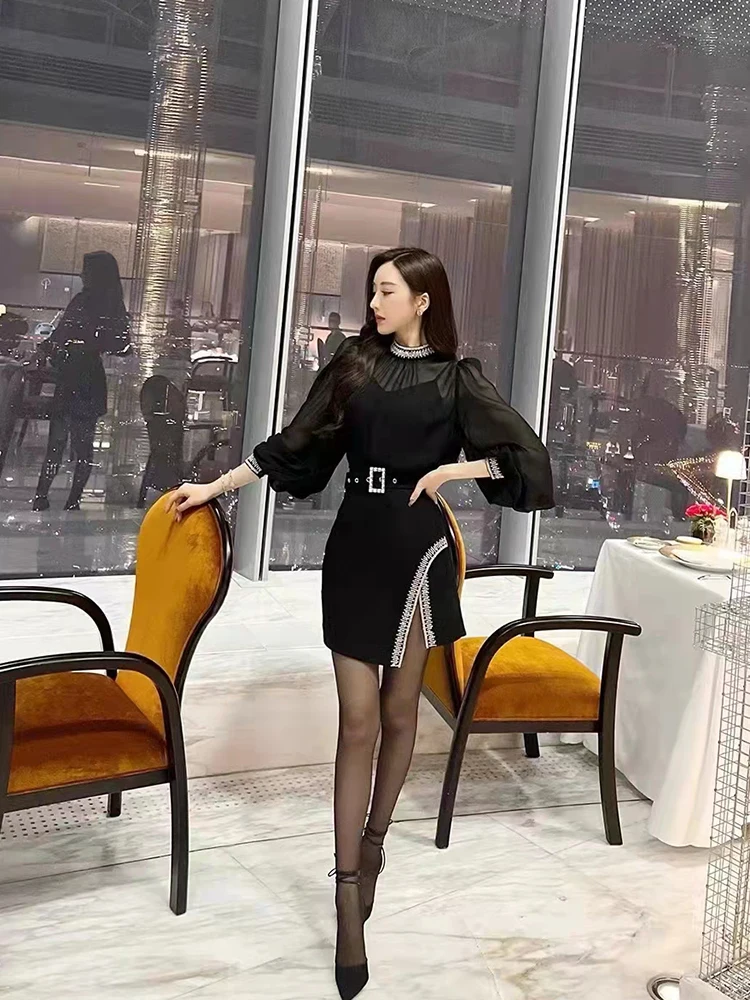 crop top and skirt 2022 Spring and summer fashion sexy beauty ladies clothing slits belt dress heavy hand inlaid small gems dazzling and charming black pencil skirt