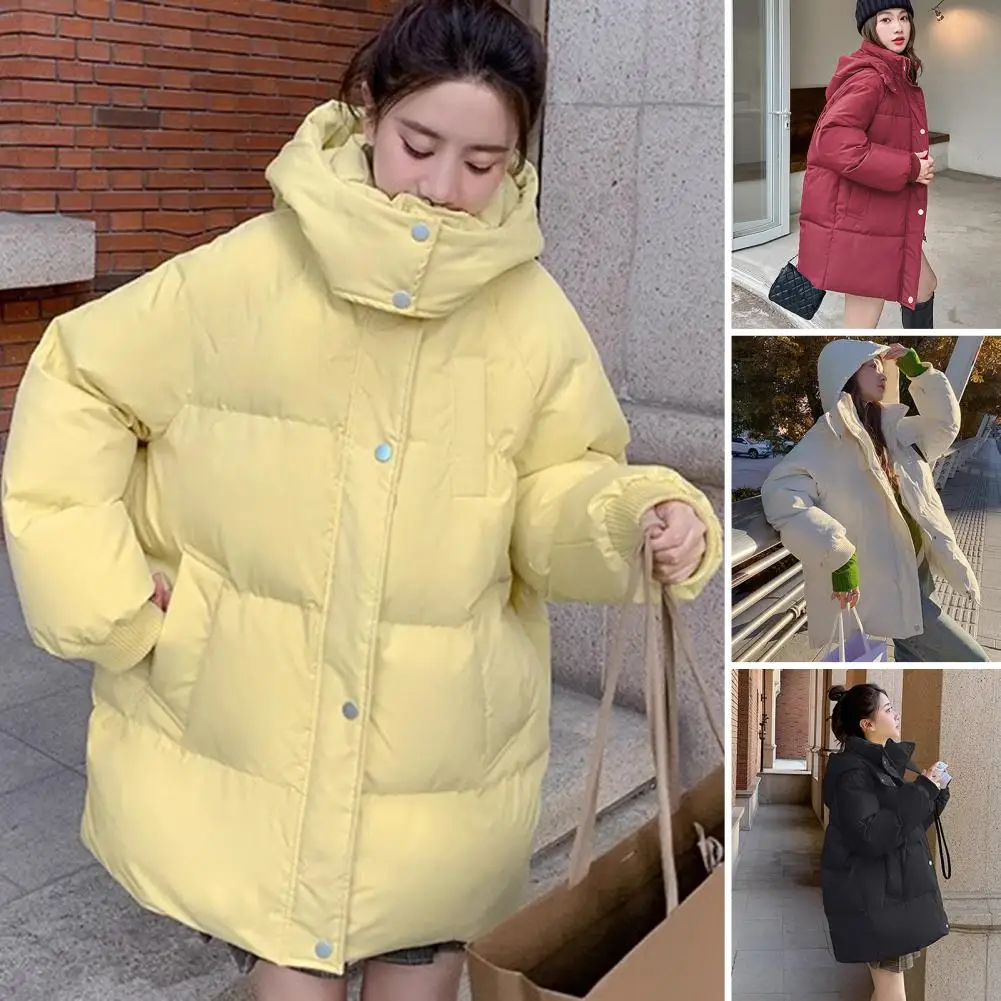 

Cold Weather Cotton-padded Jacket Women's Winter Hooded Cotton Coat with Thick Padded Windproof Warmth Elastic Cuff Mid Length