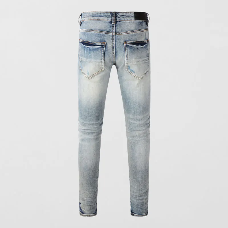 High Street Fashion Men Jeans Retro Light Blue Stretch Skinny Fit Ripped Jeans Men Paisley Patched Designer Hip Hop Brand Pants