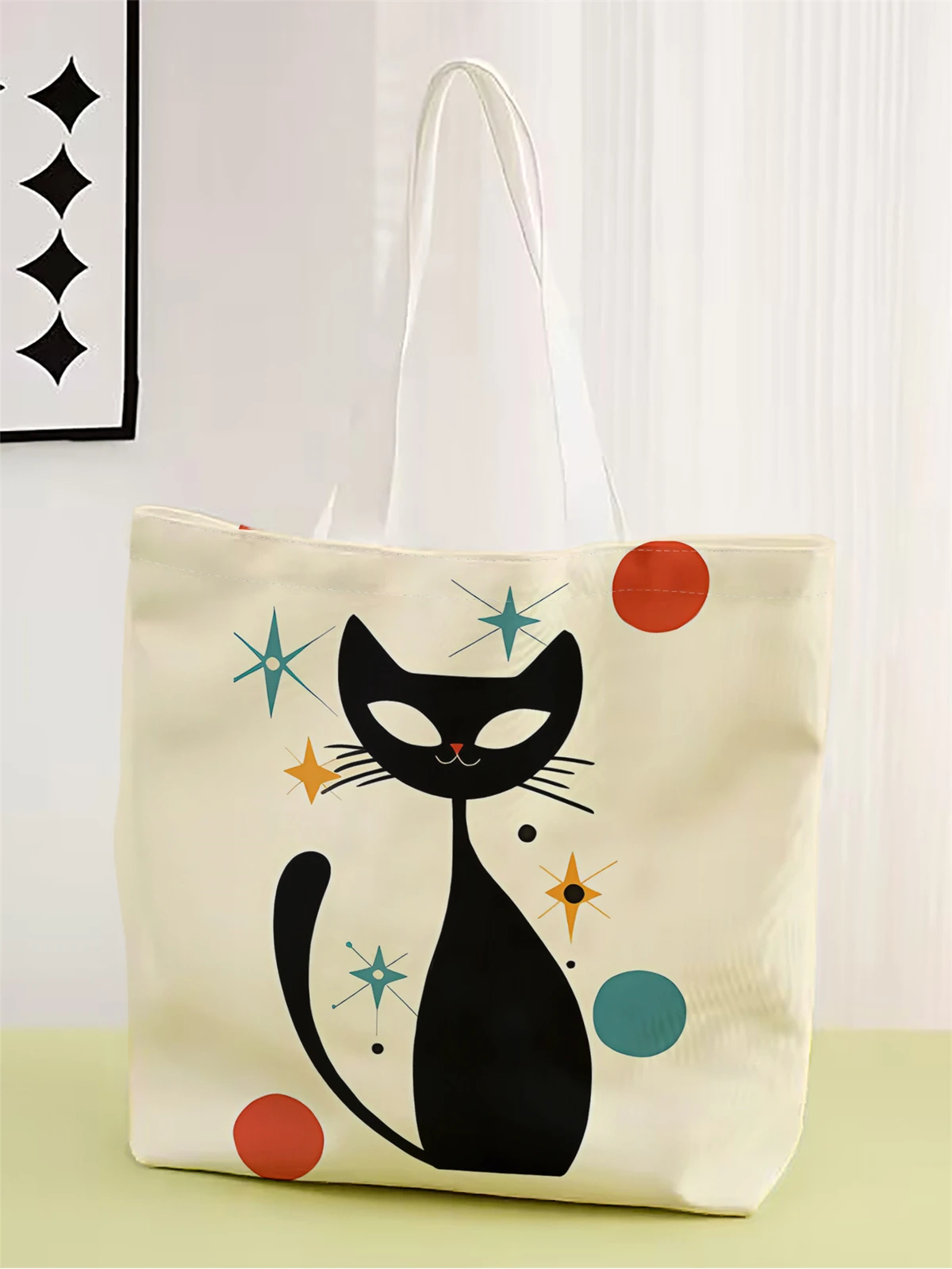1pc,cartoon black cat handbag, reusable fashionable handbag, multifunctional handbag, printed canvas shopping bag
