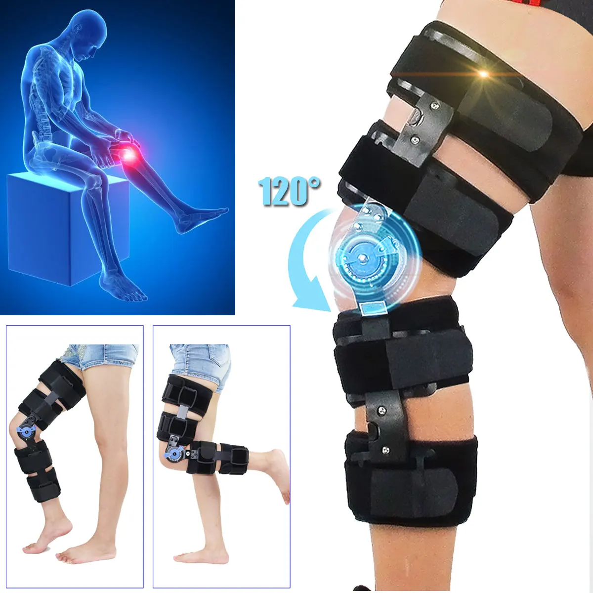 Hinged post op knee brace, adjustable rom leg stabilizer for recovery  stabilization, acl,mcl and pcl injury after surgery