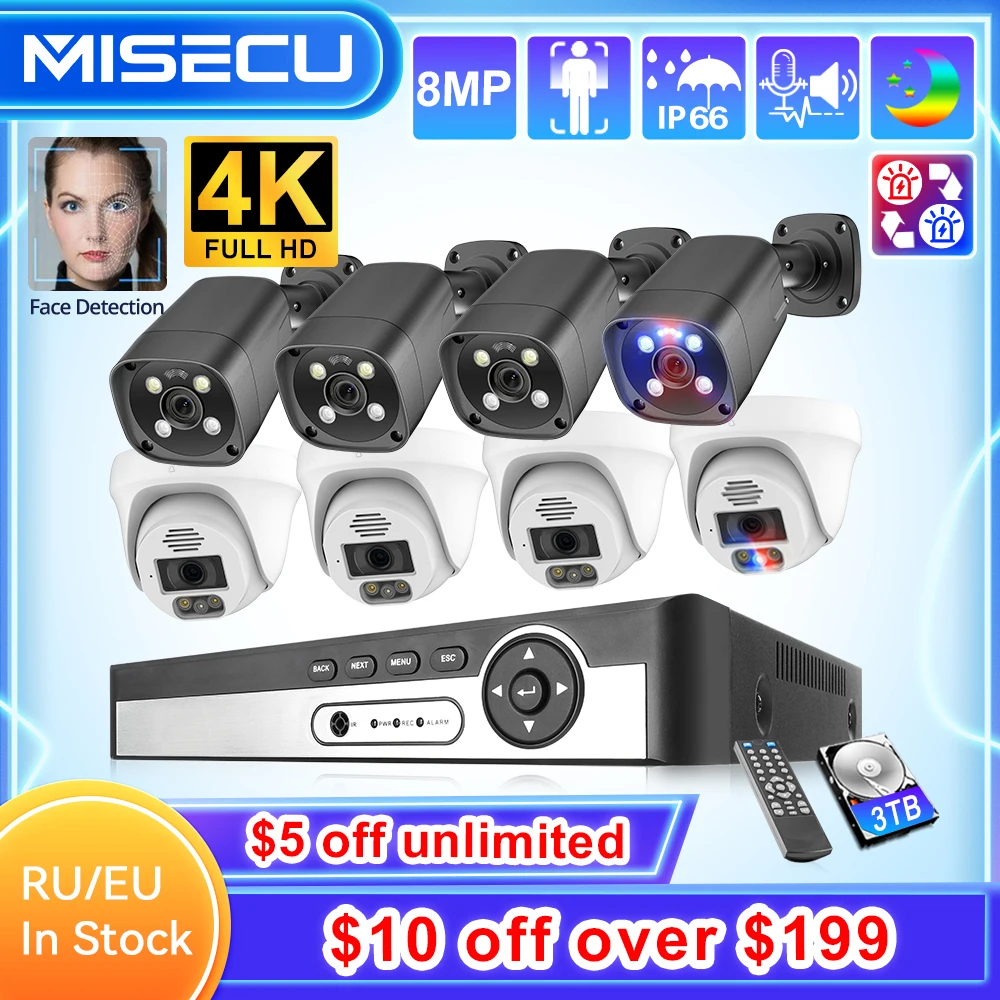 MISECU 8CH 8MP 4K Dome POE Security Camera System Outdoor Face Detect IP Camera H.265 CCTV Recorder Surveillance Protection Kit techage outdoor h 265 32ch 4k uhd 8mp 5mp poe security camera system dome face detect cctv video surveillance protection kit