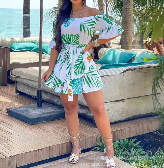 

Women's Dress 2024 Fashion Casual Tropical Plant Print Off Shoulder Ruffle Edge Short Sleeve Tie Details A-Line Mini Dress