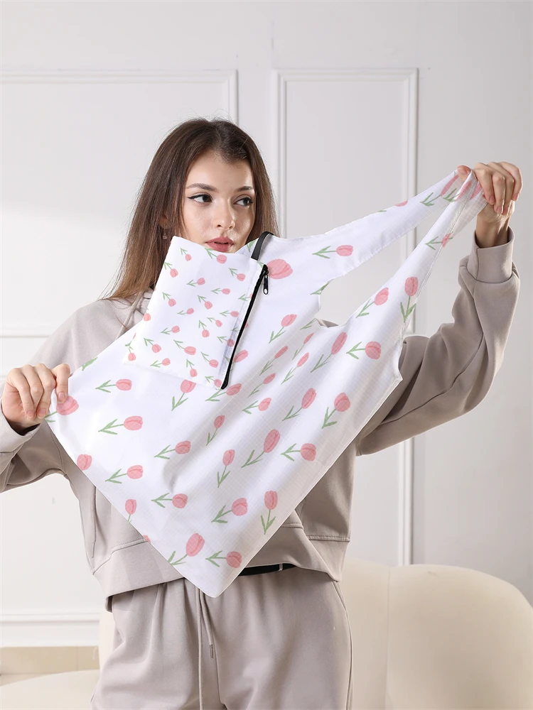 Women's Foldable Cartoon Tulip Pattern Large Shopping Bag Foldable Storage Reusable Easy to Carry Capacity Handbag