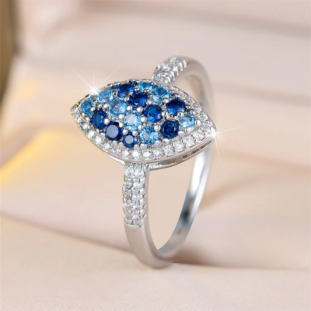 Aqua Blue Crystal Zircon Marquise Rings For Women Vintage Silver Color Engagement Ring Wedding Jewelry Bridal Versatile Gifts
