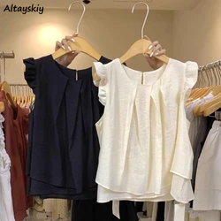 Blouses Women French Style Retro Sleeveless Solid Casual Tops Summer Thin O-neck Flying Sleeve Tender Sun-proof Office Ladies