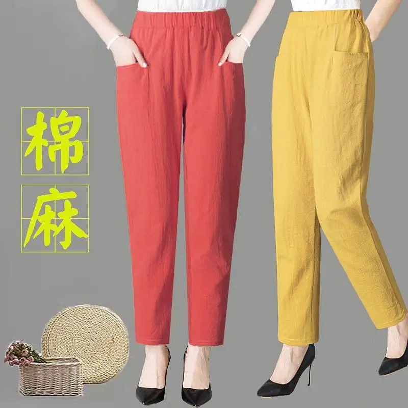 Large Size Korean Casual Thin Cotton Linen Pants Women Spring Summer Elastic Waist Ankle-Length Pants Woman Harem Trousers