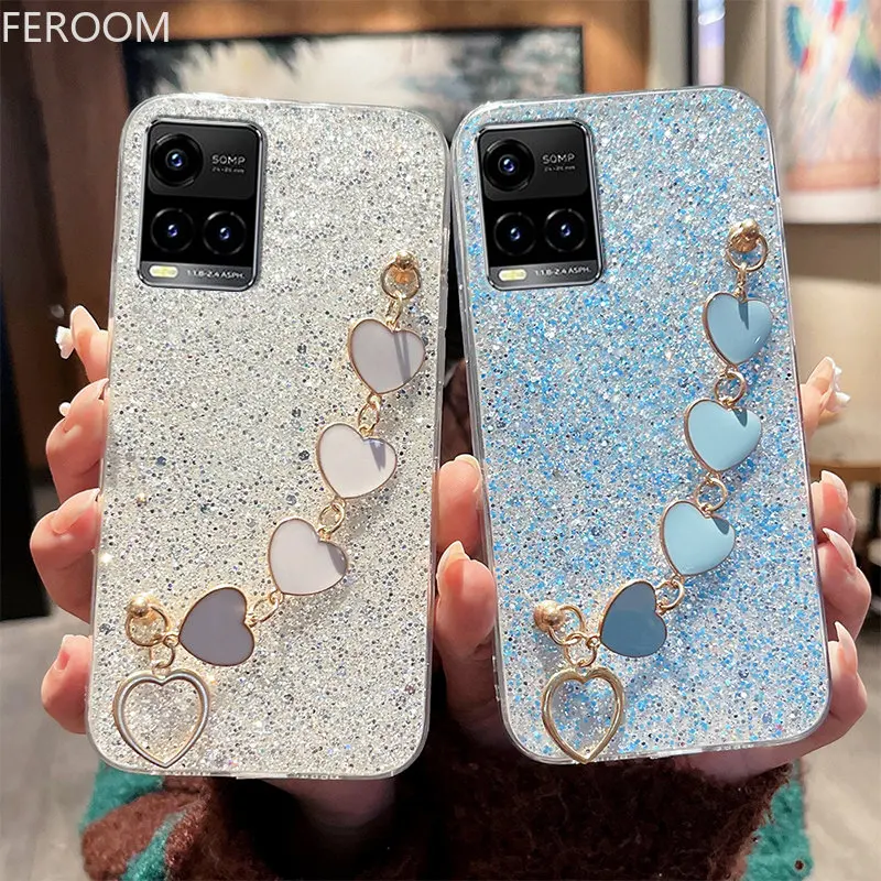Y20 fall Luxus Transparent Liebe Herz Armband Telefon Fall Für vivo Y21 Y73 V21 Y33S Y76 Y77 V20 V23 V25 weiche Zurück Kette Abdeckung_voghion.com