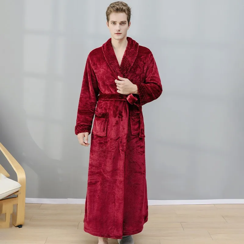 Mens Autumn and Winter Warm Long Coral Velvet Thick Couple Bathrobe Mens Pajamas Bathrobe Adult Bath Towel