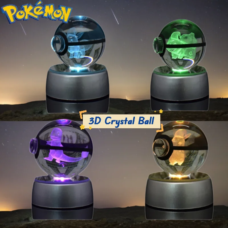 3D Crystal Ball Pokemon Figure Incisione Pikachu Charizard Gengar Con Base Luminosa A Led Anime Glass Ball Giocattolo Regalo Modello Bambino