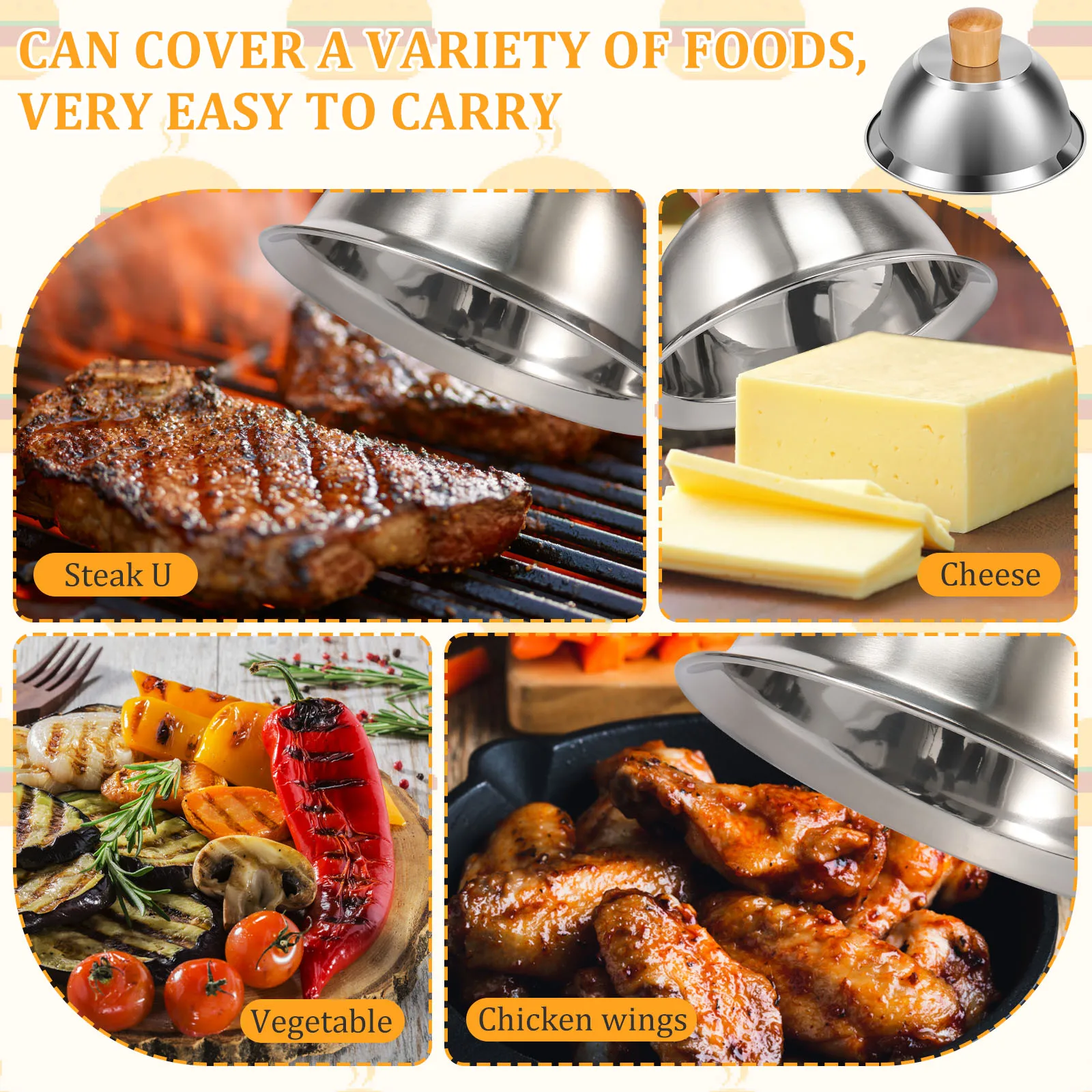6 Inch Basting Cover, Stainless Steel Melting Dome Set of 4, Small Metal Steaming Cover Grill Lid for Cheese Burger