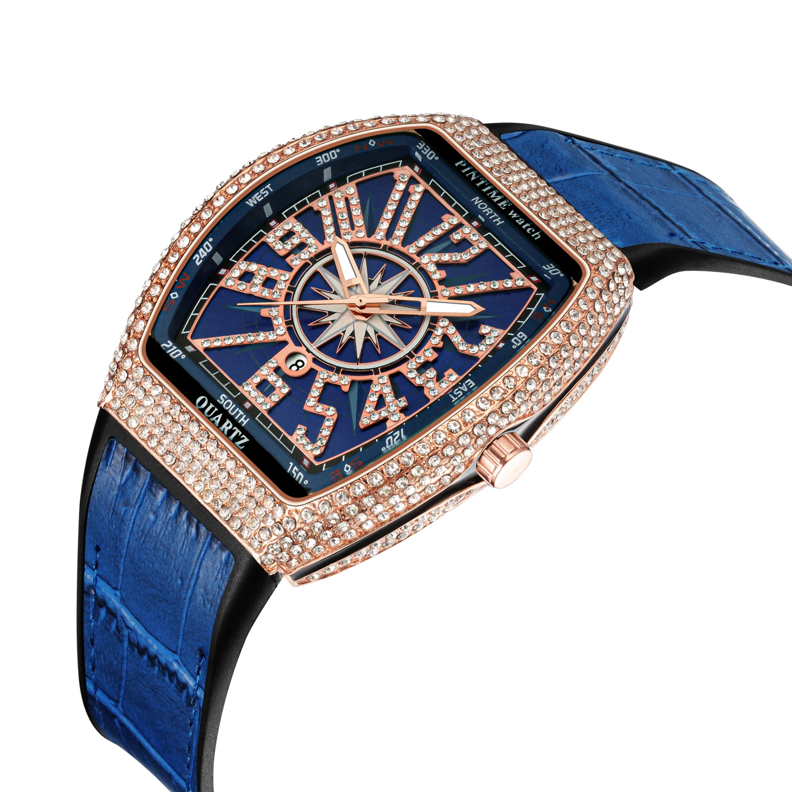 waterproof, shining quartz watch with a blue leather strap