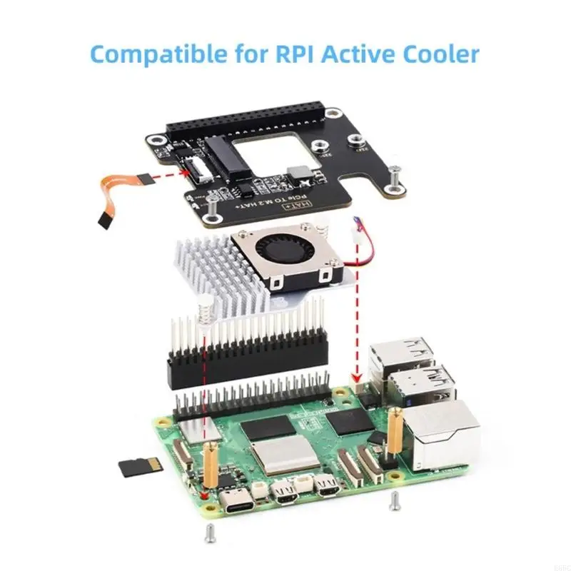 E65C For Pi 5 PCIe to M.2 HAT NVME High Speed Expansion Board with 16Pin Cable GPIO Header Support Active Cooling for RPI 5