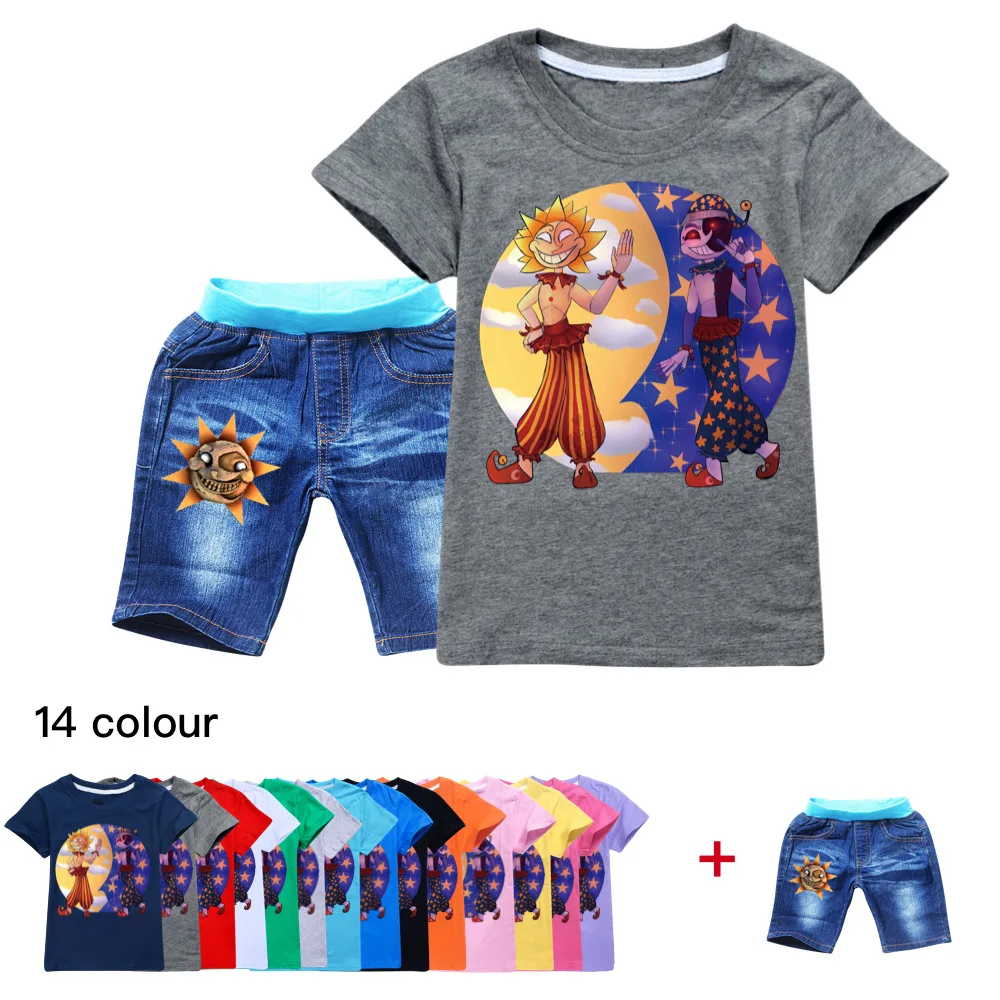

Kids Boys Girls Outfit Clothes Summer Fnaf game Sundrop Moondrop Short Sleeve T-Shirt Top+Jeans Children Casual Set 2-16Years