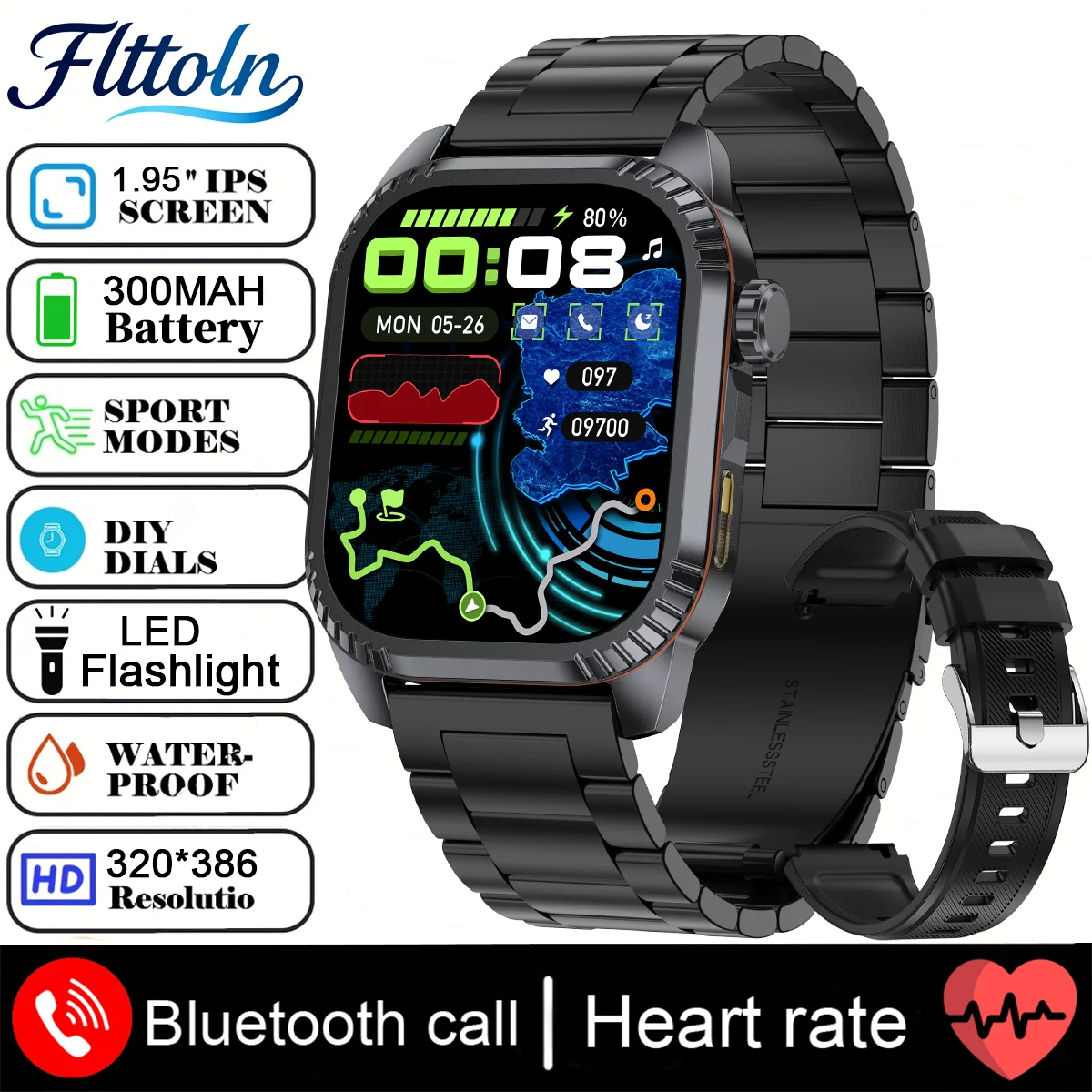 Ultra GPS Outdoors Military Smart Watch - 1.95 AMOLED Display, Compass, 10ATM Waterproof, Long-lasting Battery, Bluetooth Calling
