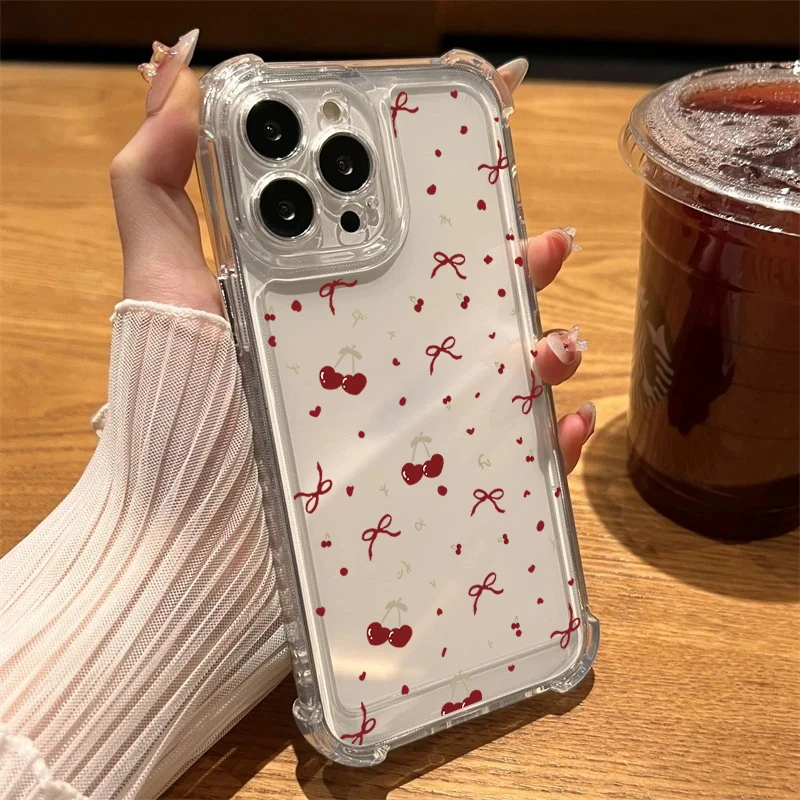 Shockproof Clear Bow Cherry Phone Case