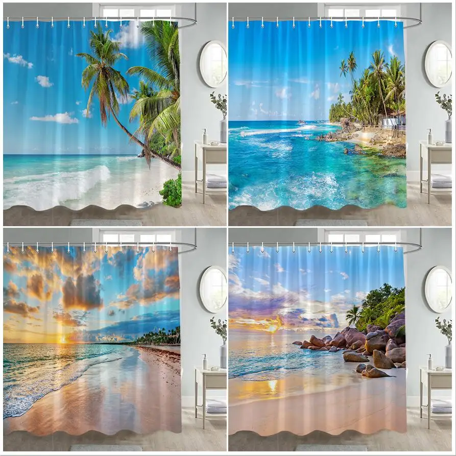 

Ocean Island Shower Curtain Beach Coconut Trees Dusk Sea Waves Hawaii Nature Landscape Bath Curtains Fabric Bathroom Decor Set