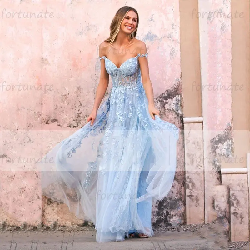 

A-Line Homecoming Graduation Dresses Blue Sweetheart Off The Shoulder Lace Applique Formal Party Evening Prom Gown Floor-Length