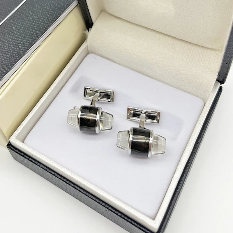 Luxury MB Black Flat Crystal Head & S.Walker Classic Design Cuff Link With White Star Normal Size Cufflinks Button Box Set