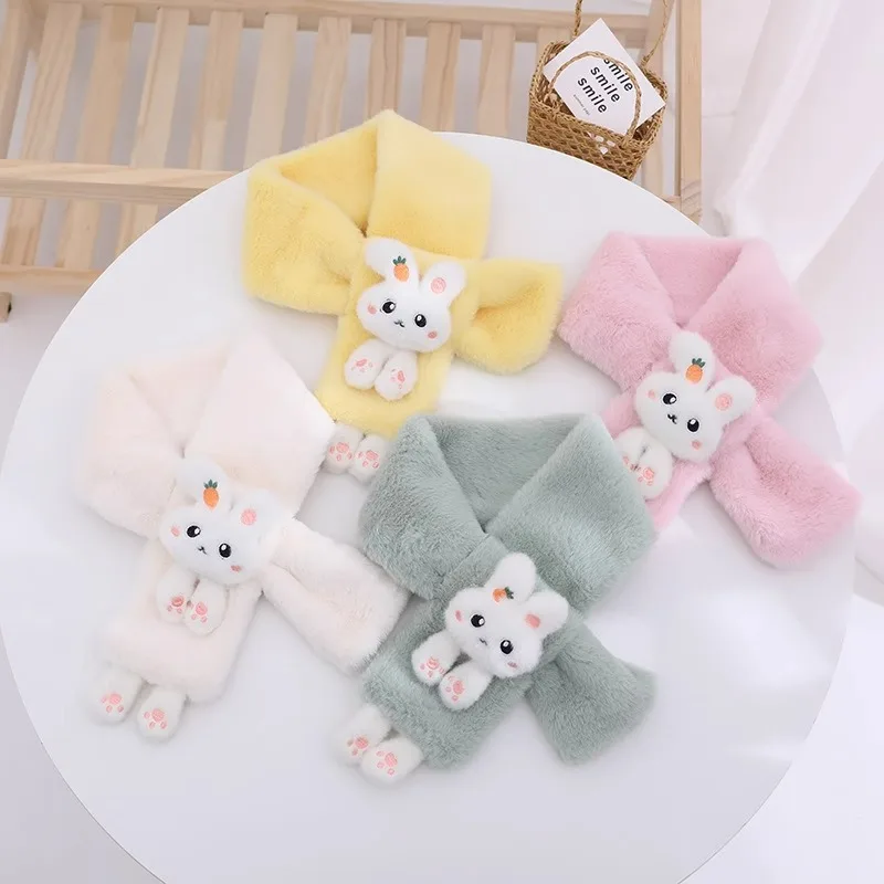 Boys Girls Winter Scarfs Thick Plush Cross Children's Scarf Baby Bib Cute Cartoon Rabbit Faux Fur Neck Protection Warm Shawl baby scarf rabbit fur scarf