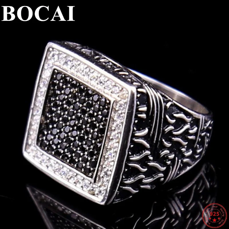 

BOCAI S925 Sterling Silver Charm Rings 2021 Popular Retro Totem Black White Zircon Pure Argentum Hand Ornaments Jewelry for Men