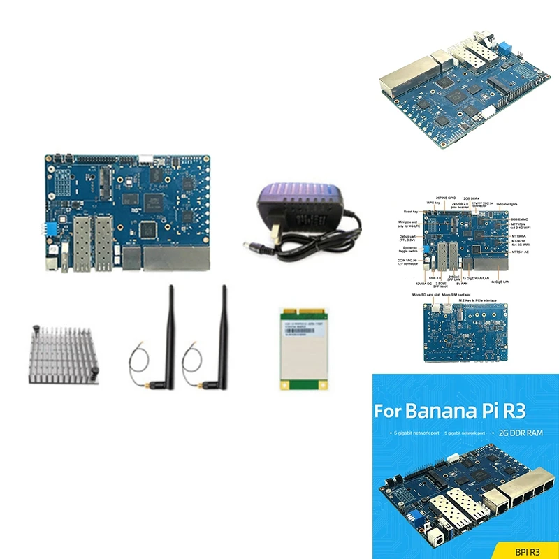 

Для бананов PI BPI-R3 MT7986 2G + 8G EMMC 2X SFP роутер макетная плата с 4G модулем + радиатор + 2X антенны + Мощность