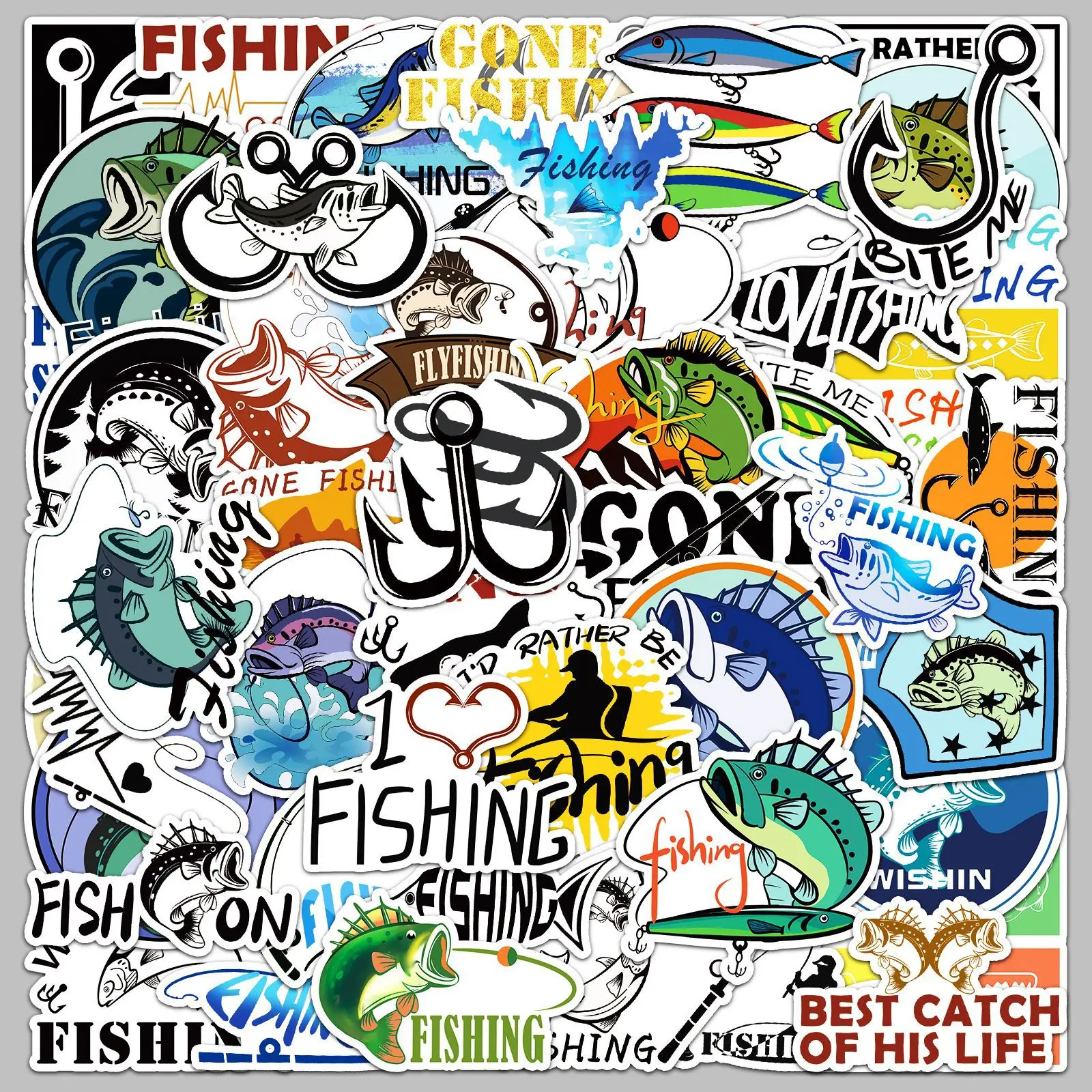 

50pcs Fishing Series Graffiti Stickers Suitable for Helmet Desktop Wall Decoration DIY Sticker Pack with Storage Box