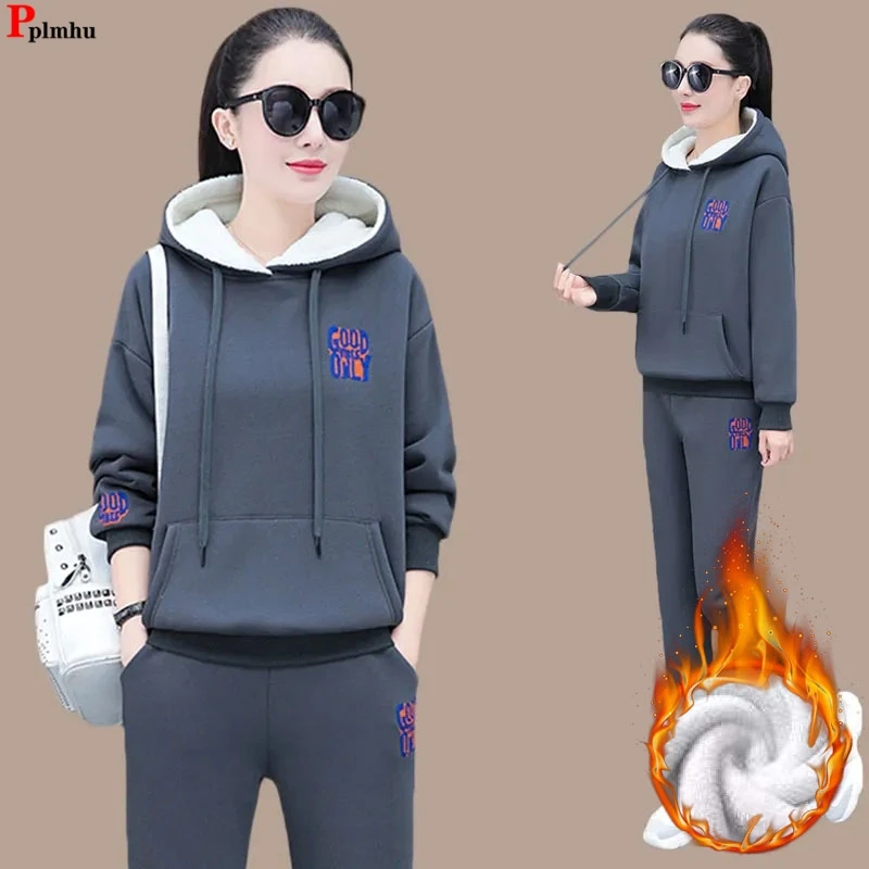 

Winter Warm 2 Piece Sets Hooded Add Velvet Tops Tracksuit Harem High Waist Baggy Pant Suits Thick Loose Jogger Conjuntos