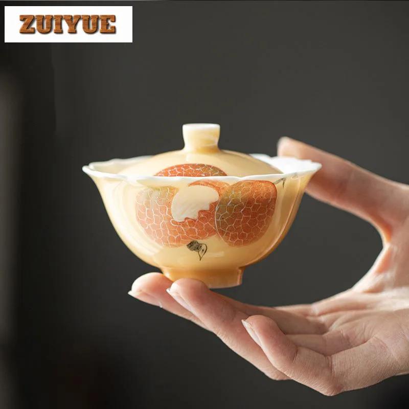 Apricot Yellow Cover Bowl Hand Painted Lychee Bowl Anti Scald Gaiwan Elegant Tea Tureen Tea Cup 120ml Chinese Set Ornaments