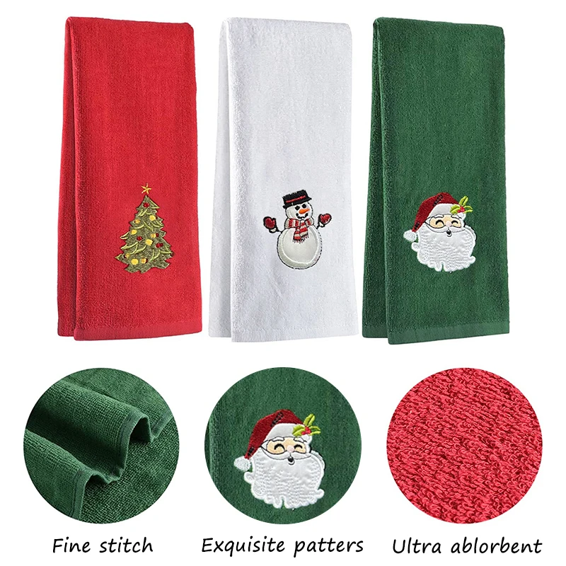 Description Picture 2 of item2025 New Year Towel Classic Solid Xmas Tree/Snowman/Santa Claus Embroidery Bath Towel 45x30cm Christmas Hand Towels Set