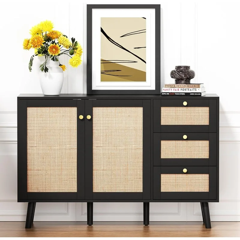 

Anmytek Rattan Cabinet, Black Sideboard Buffet Cabinet with 2 Doors and 3 Drawers,