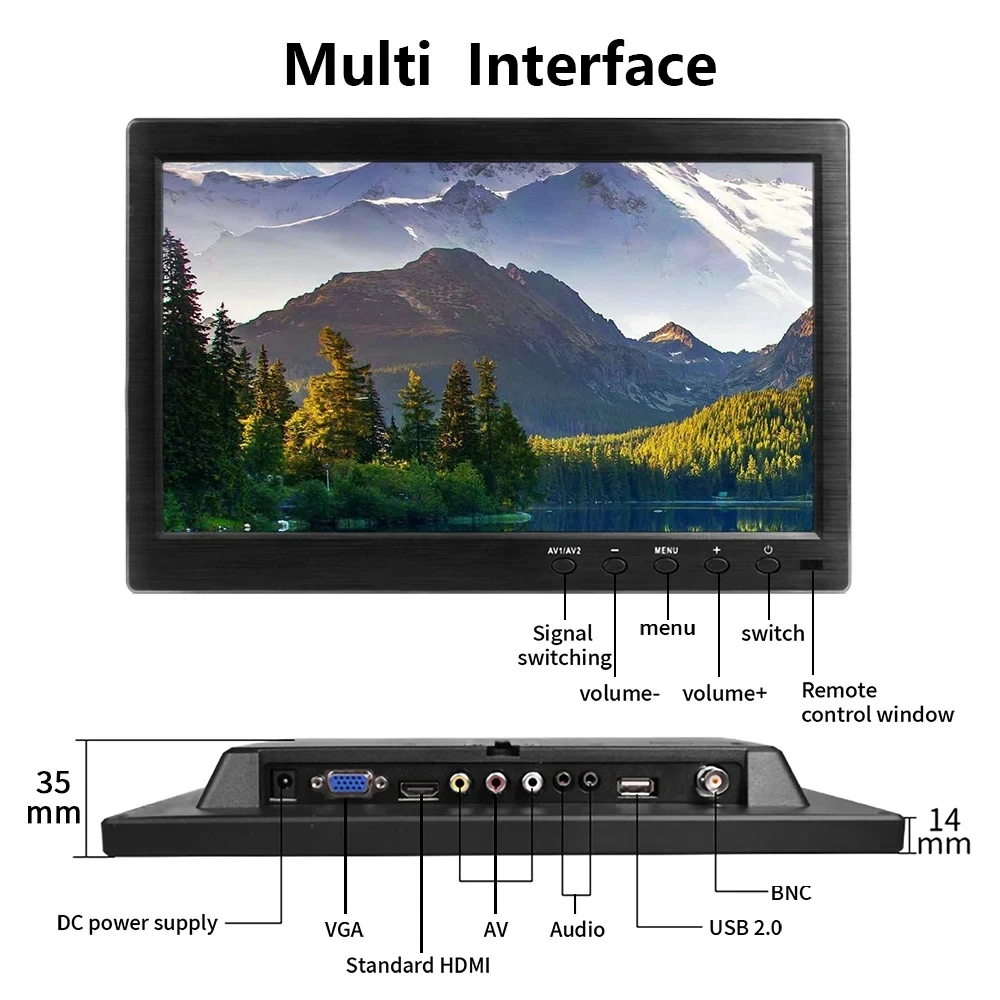 10.1-inch portable PC gaming monitor compatible with HDMI, VGA, BNC, AV, USB ports for PS4, Xbox series, Raspberry PI, Switch