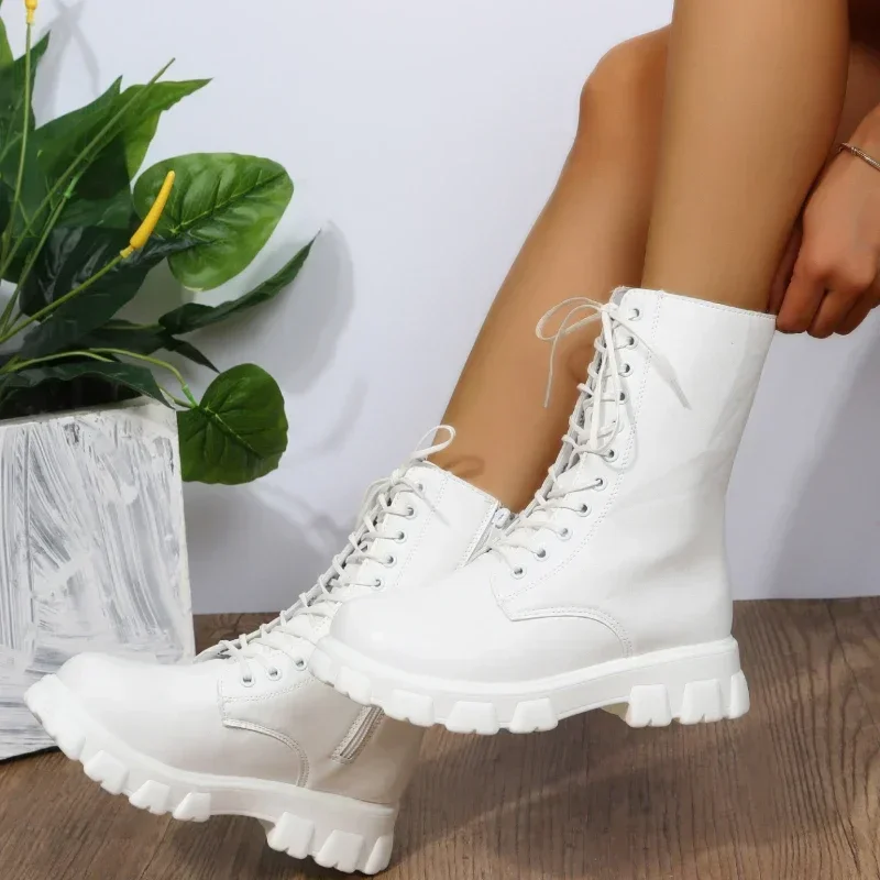 Boots Women 2024 Autumn Winter PU Leather White Ankle Boots