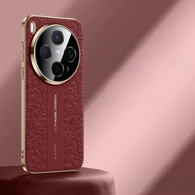 Embossed Leather Shockproof Plating Camera Lens Protection Hard Phone Back Case