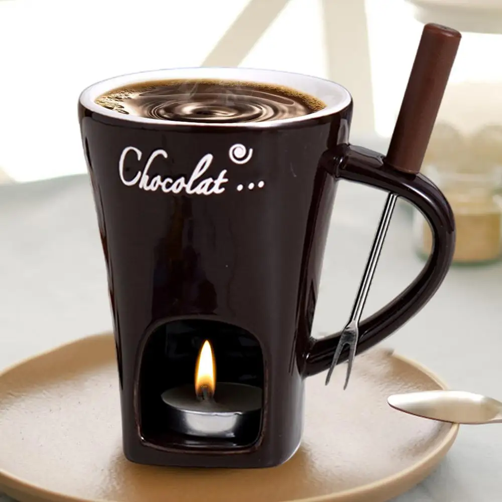 Description Picture 5 of itemHot Pot Ceramic Melting Cup Chocolate Melting Ceramic Mug Tea Candle Fondue Set Ceramic Mug with Fork Creative Tableware