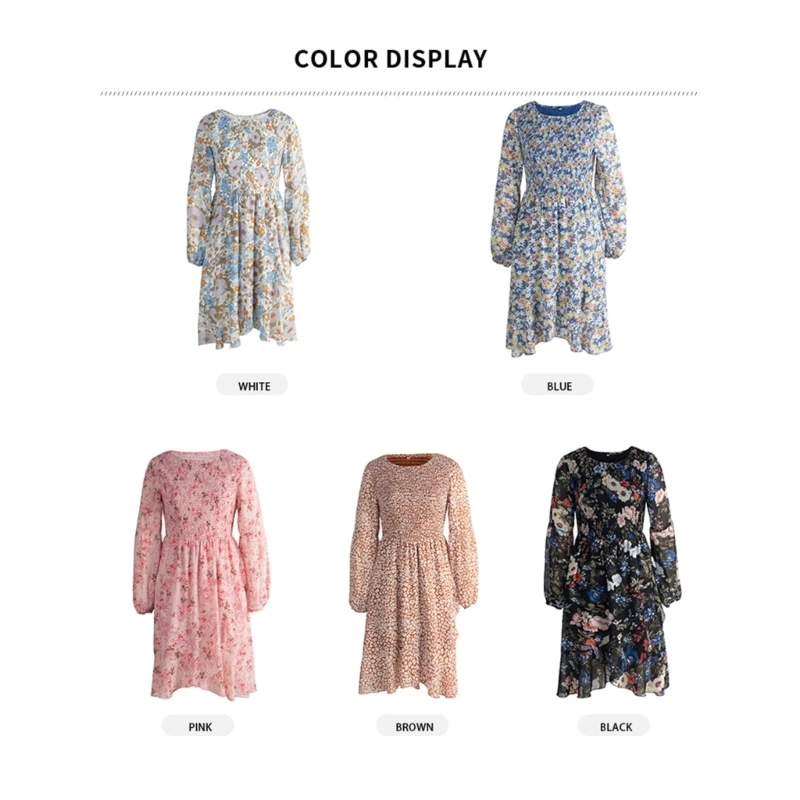 

Женское длинное шифоновое платье-трапеция с пышной юбкой, круглым вырезом и цветочным принтом