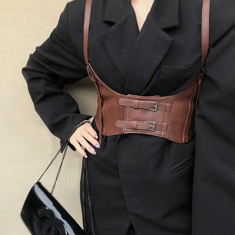 Women's wide waist belt stylish and luxurious retro design versatile waist cincher decorative black leather belt