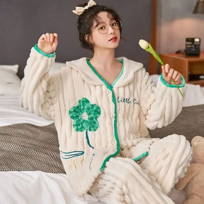 Pajamas Women Winter Homewear Coral Fleece Loose Cute Girl Thickened Pregnant Famale Warm Home Suit Lady Two Piece Sleep Clothes