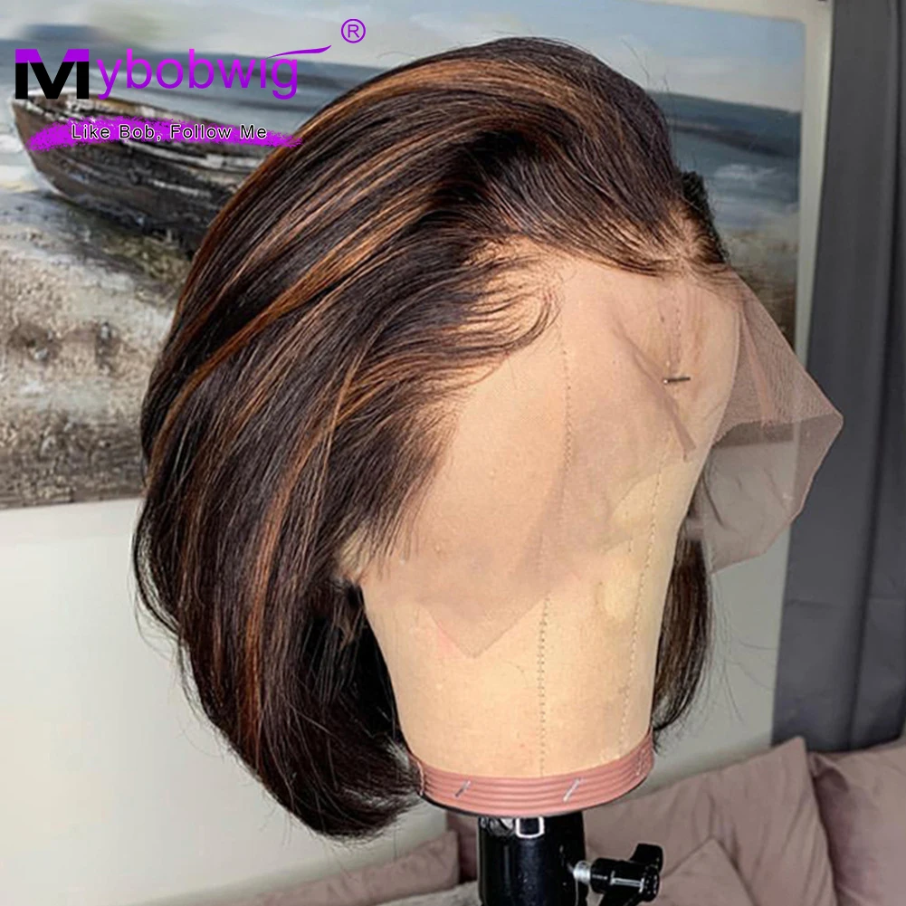 13x2 Highlight Straight Transparent Lace Front Human Hair Brazilian Remy Wigs For Women Pre Plucked Short Bone Bob Wigs 10inches