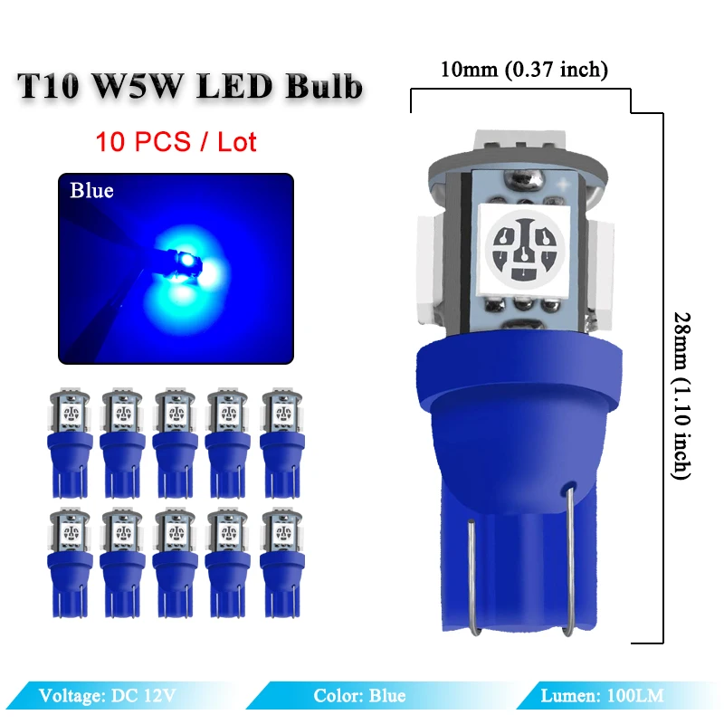 10 PCS T10 LED W5W 5050 5SMD Led Car Interior Light License Plate Bulb Turn  Lamps 5w5 t10 White Red Yellow Green Pink Blue 12V - AliExpress