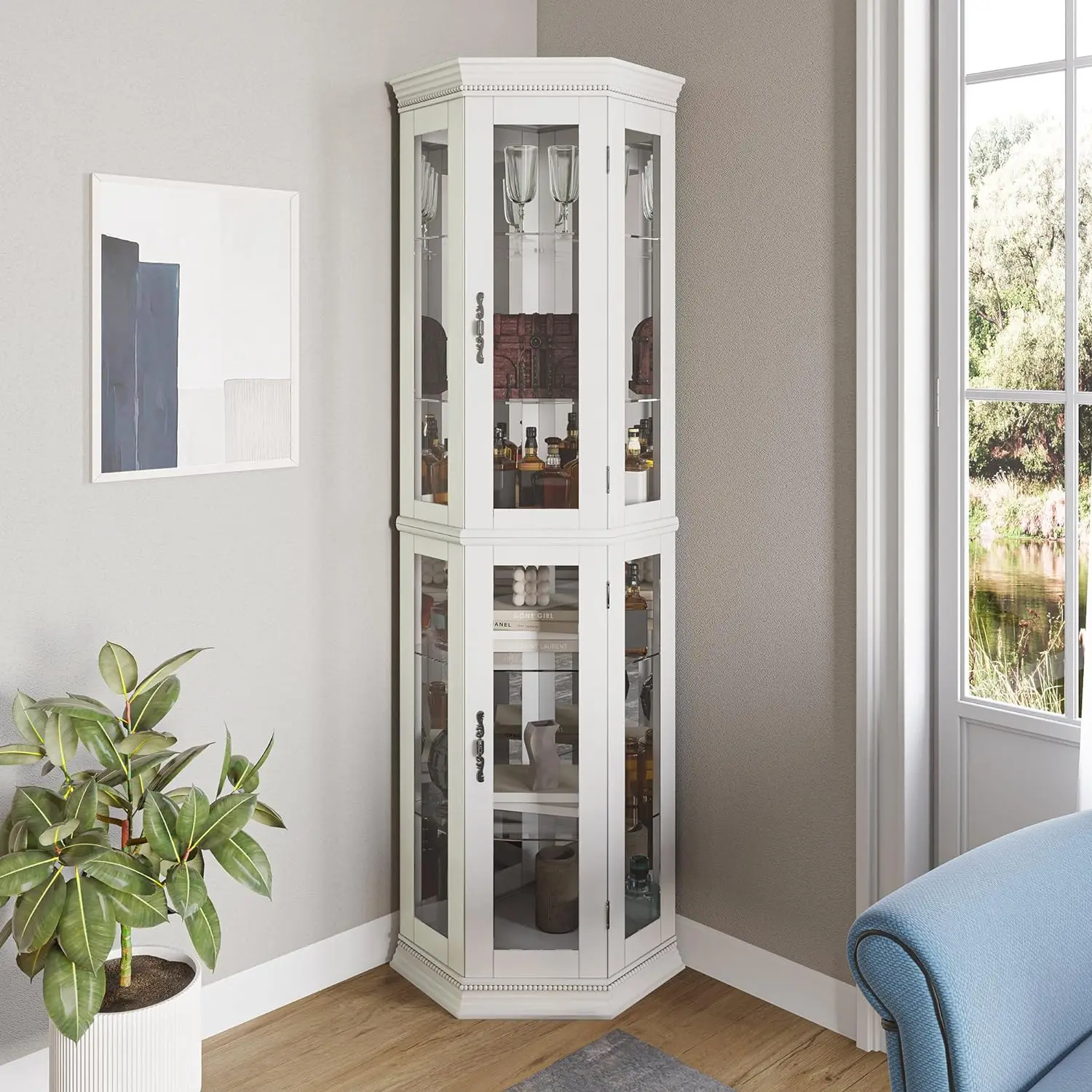 

3-Side Glass Display Curio Cabinet w/Tempered Glass Doors & Shelves, Accent Wooden Corner Cabinet with Bulb,Corner Storage