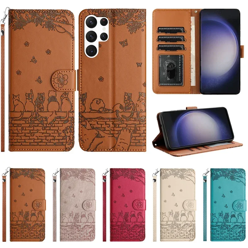 

Wallet Cat Embossed Flip Over Leather Case For Samsung S24 S23 S22 Plus S21 S20 FE A05S A04 A12 A13 A14 A23 A34 A51 A52 A54 A71