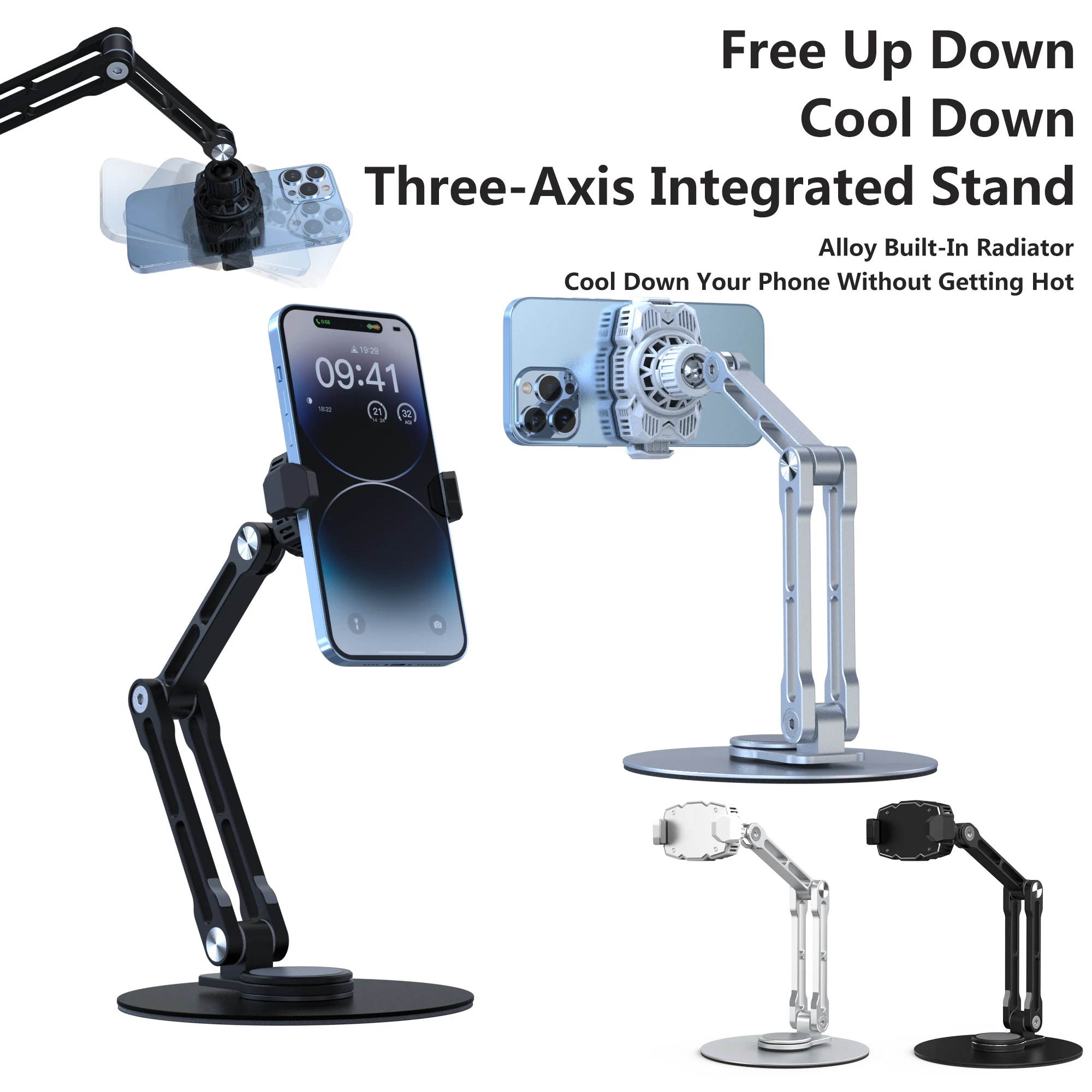 Phone Holder Phone Clip With Cooling Radiator Smartphone Livestreaming 360° Rotation Stand With Ballhead Cooler Radiator Stand